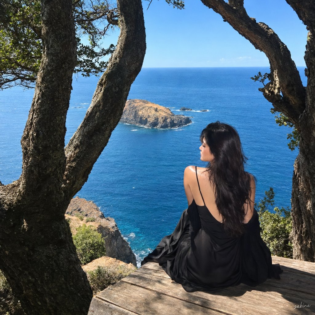 创作一张超写实、电影感的智能手机旅行摄影照片。一位美丽的女子独自坐在海岸悬崖边缘的质朴木平台上，面向广阔深蓝的大海。远处可见一座长满干枯金色草…, 图片 1
