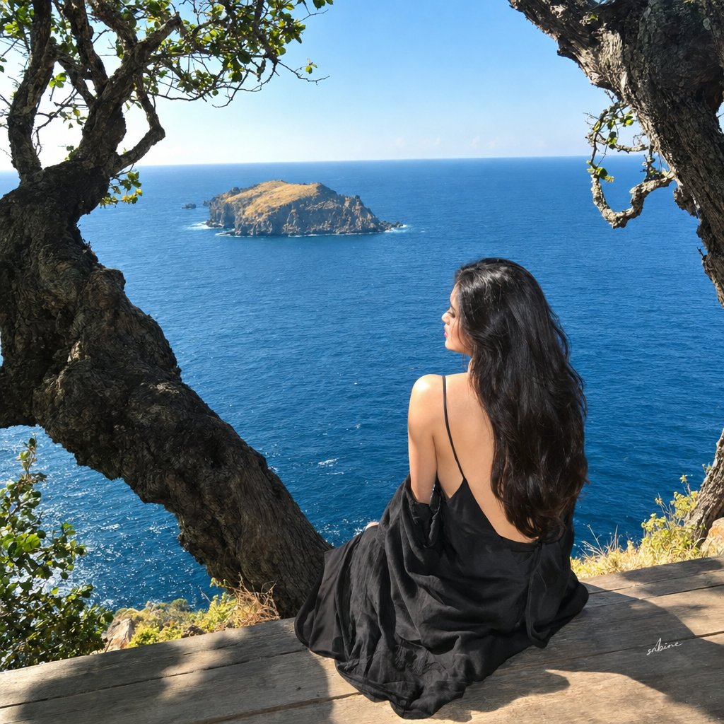 创作一张超写实、电影感的智能手机旅行摄影照片。一位美丽的女子独自坐在海岸悬崖边缘的质朴木平台上，面向广阔深蓝的大海。远处可见一座长满干枯金色草…, 图片 2