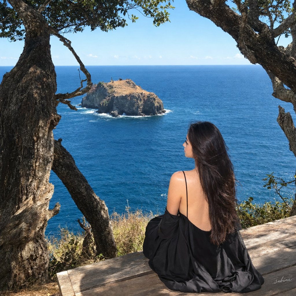 创作一张超写实、电影感的智能手机旅行摄影照片。一位美丽的女子独自坐在海岸悬崖边缘的质朴木平台上，面向广阔深蓝的大海。远处可见一座长满干枯金色草…, 图片 4