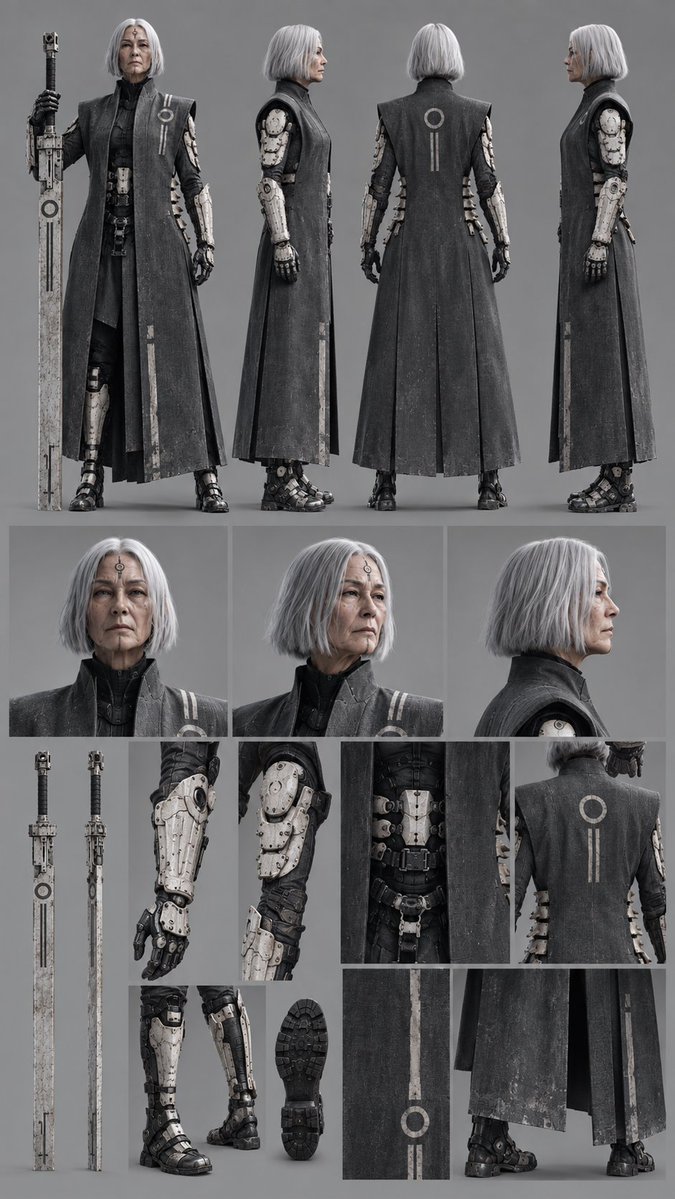 使用以下三张参考统一视觉设定： 参考1：主角角色设定。📷Cybernetic Elder Warrior Character Sheet.p…, 图片 1