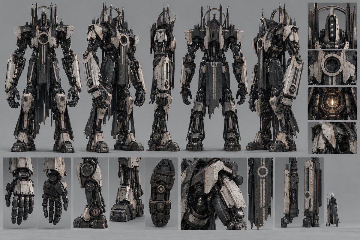 使用以下三张参考统一视觉设定： 参考1：主角角色设定。📷Cybernetic Elder Warrior Character Sheet.p…, 图片 2