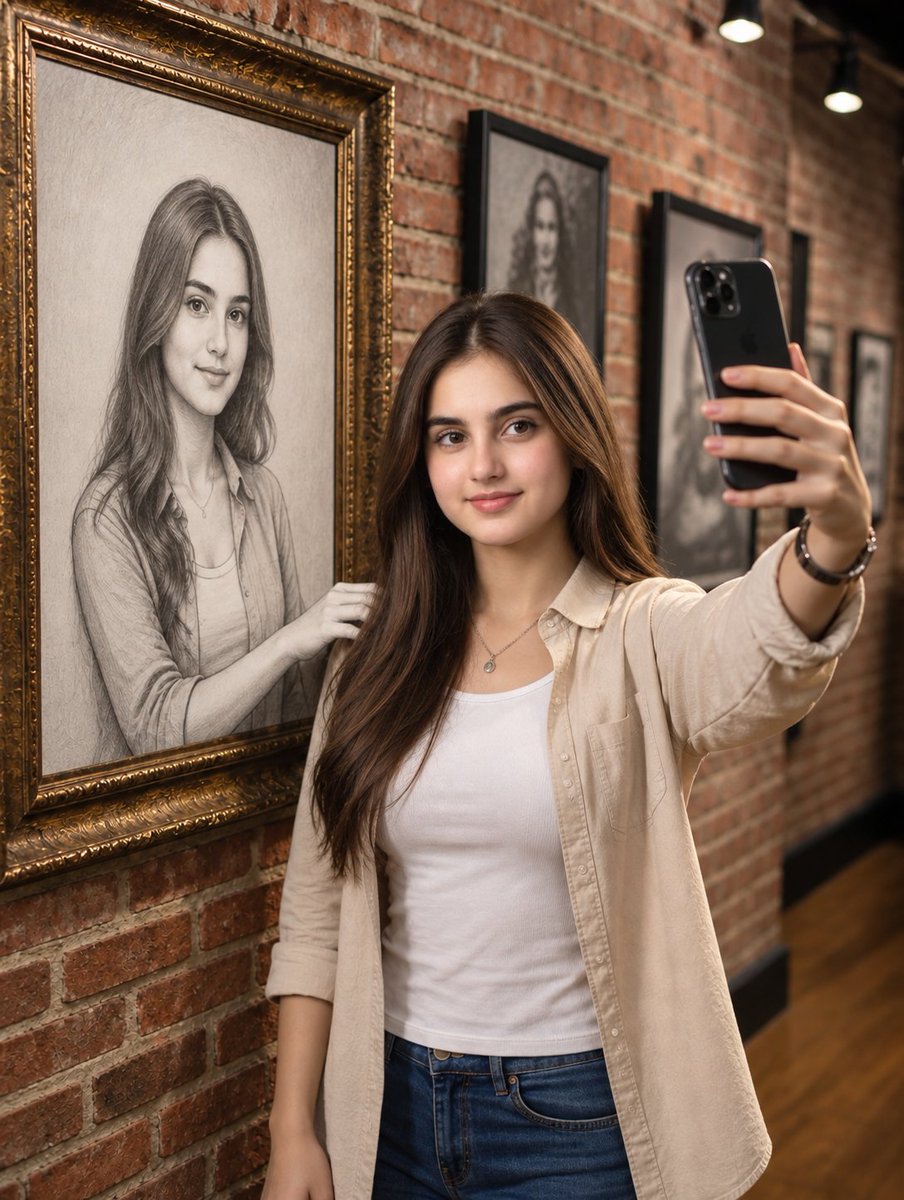 A photorealistic medium shot of a beautiful young woman with long wavy brown ha…