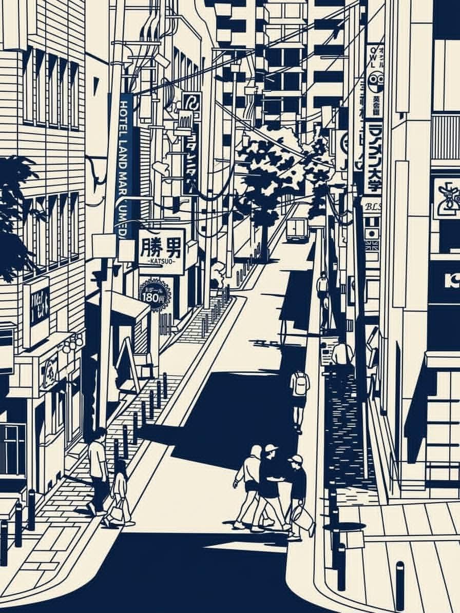 创作一幅垂直版式的编辑插画,灵感来源于参考图片,描绘一幅密集的日本城市街景,采用高度风格化的深藏青与暖象牙色单色线条艺术美学。, 图片 1