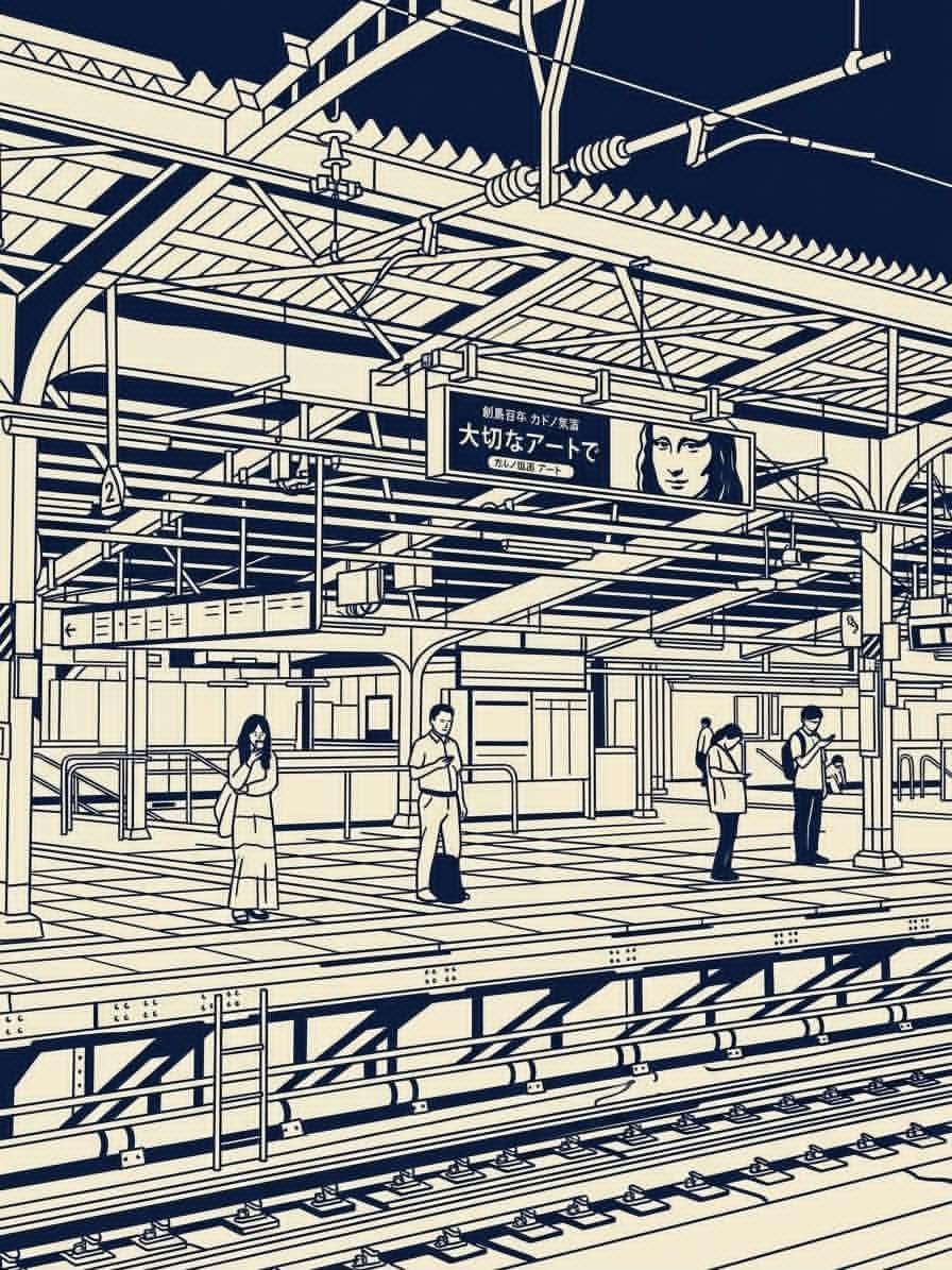 创作一幅垂直版式的编辑插画,灵感来源于参考图片,描绘一幅密集的日本城市街景,采用高度风格化的深藏青与暖象牙色单色线条艺术美学。, 图片 2