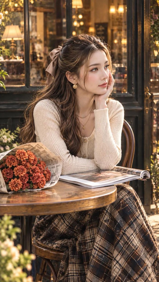 一位美丽的东亚年轻女性，坐在户外一家温馨质朴的巴黎咖啡馆桌旁。她有一头长而波浪状的棕色头发，梳成半扎发样式，用一个米色缎带大蝴蝶结系住。她单手…, 图片 1
