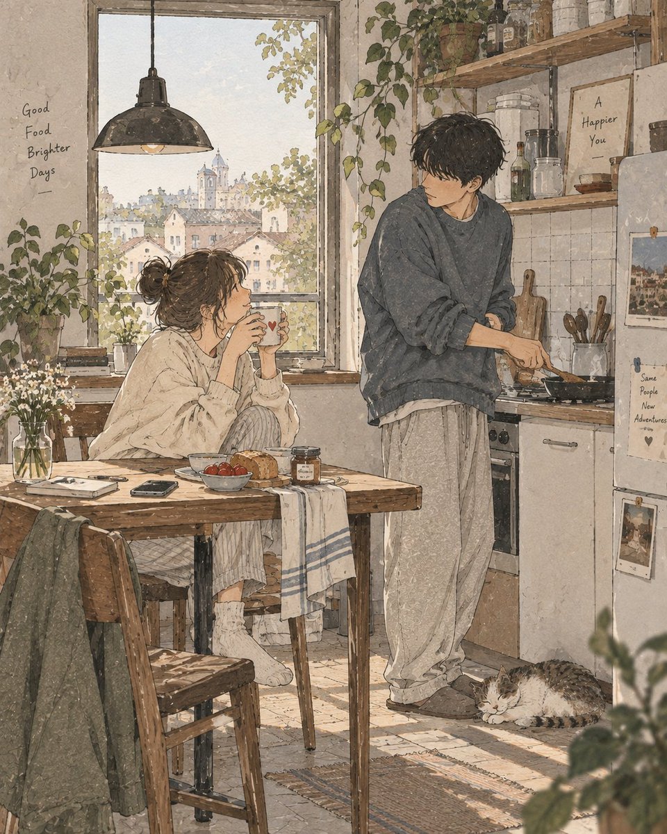创作一幅精致的当代日本生活片段插画，展现一个安静、温馨的日常瞬间。, 图片 2