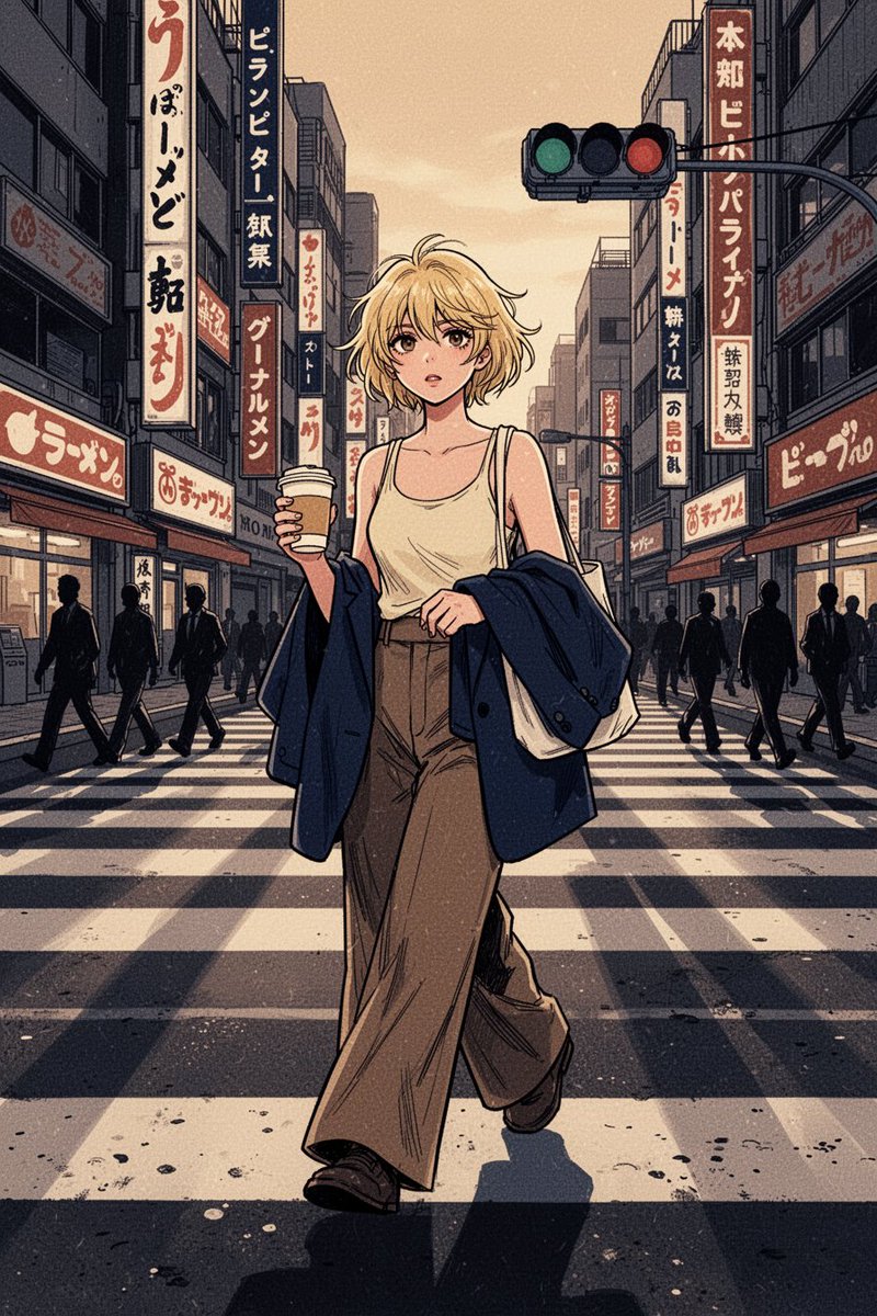 Flat-color ink illustration, graphic novel poster style: a young woman with sho…