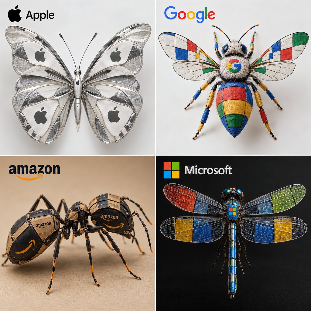 2x2 网格,1080x1080:<instructions> 输入 = 科技公司 识别 4 个标志性的科技品牌及其标志性元素/图案。函数 D…, 图片 1