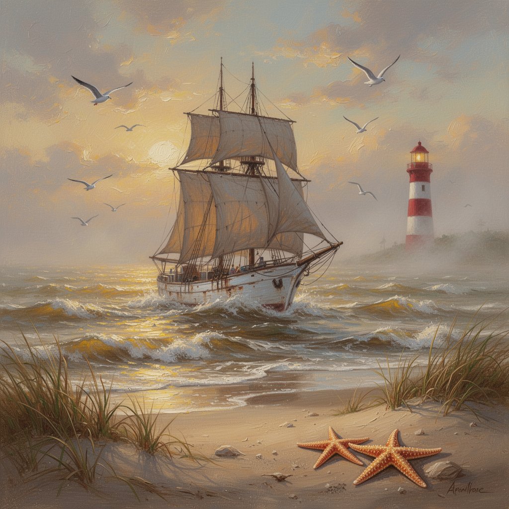 Painterly oil-painting style coastal seascape: a weathered white-hulled schoone…
