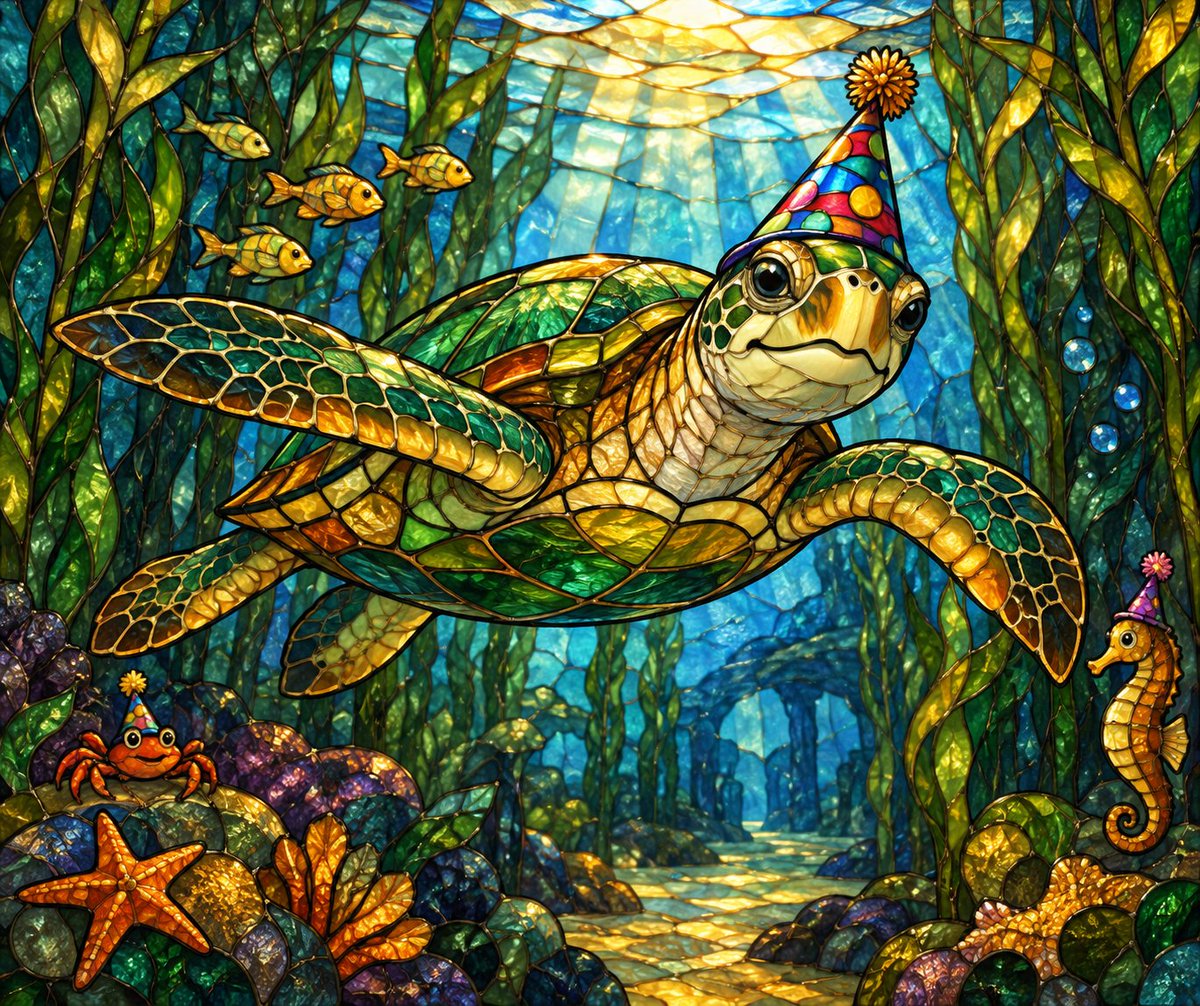 A sea turtle gliding through an underwater forest, styled like handcrafted stai…