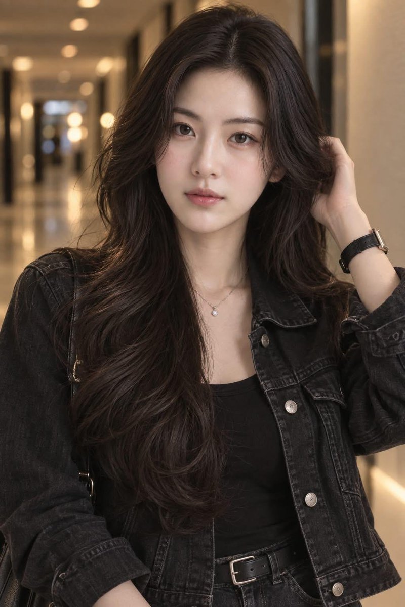创建一张超写实的电影感人像摄影照片,画面中是一位美丽的年轻女性,留着浓密的自然深棕色长卷发,中分并带有柔和的修饰脸型的发丝。她拥有精致柔美的面…, 图片 1