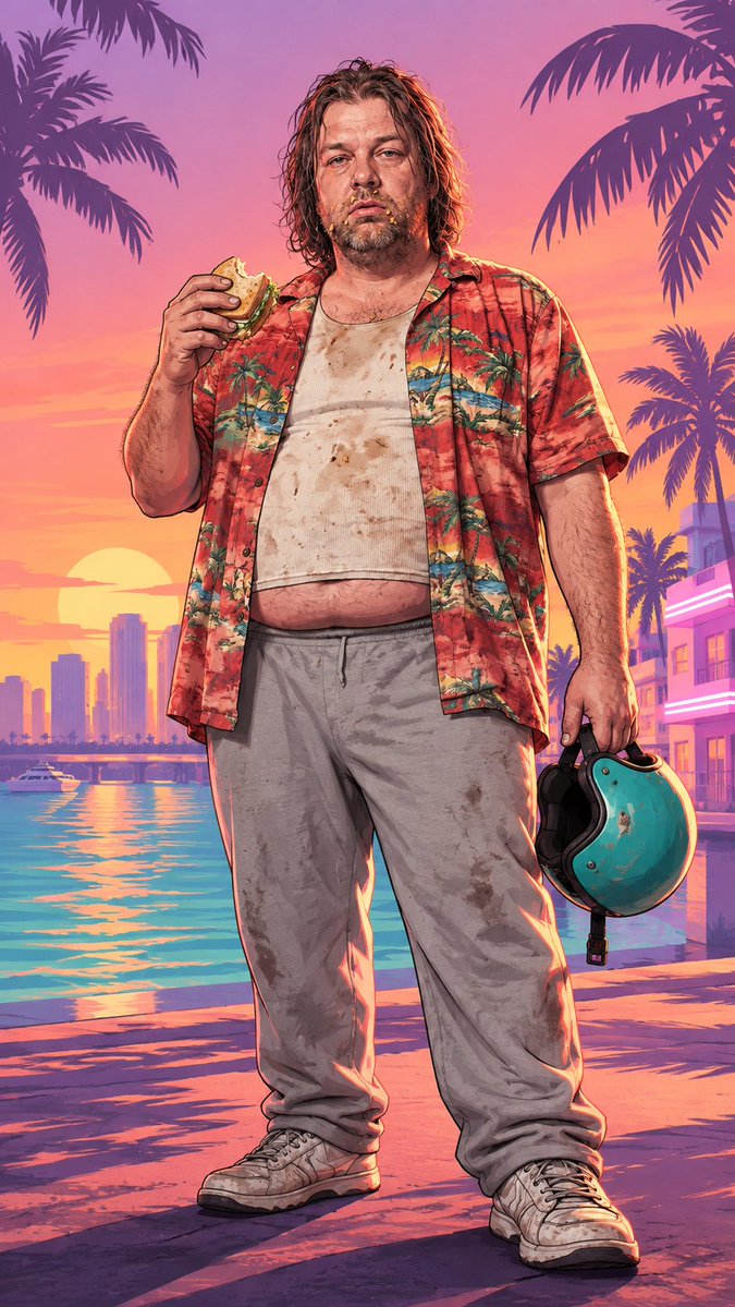把这个男人变成 GTA 6 风格的开放世界犯罪电子游戏中的插画角色。保留他的脸、身体、脏衣服和疲惫的表情。, 图片 2