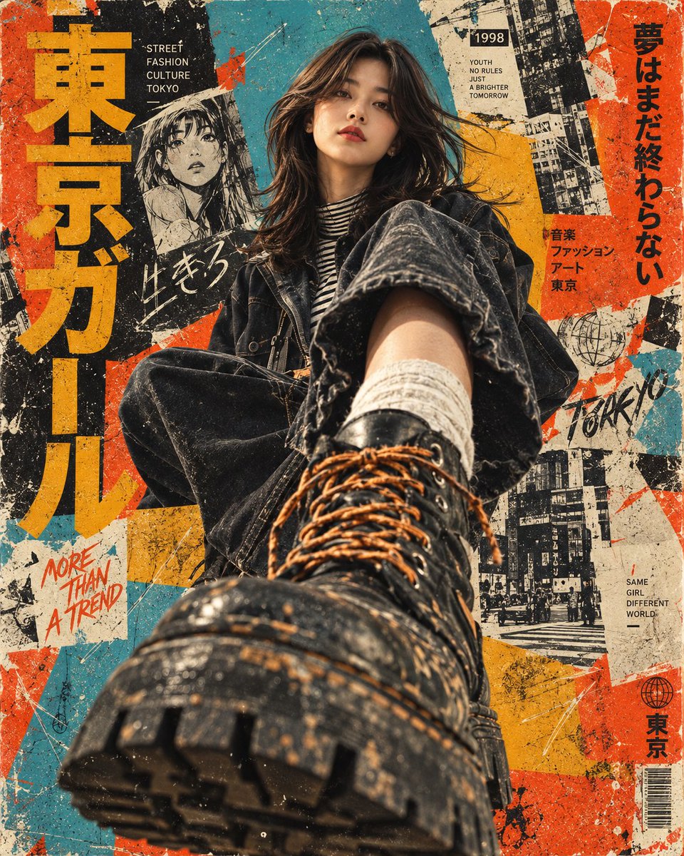 创作一张超写实电影感街头时尚编辑海报，带有强烈的复古日本朋克 / 地下杂志美学。, 图片 1