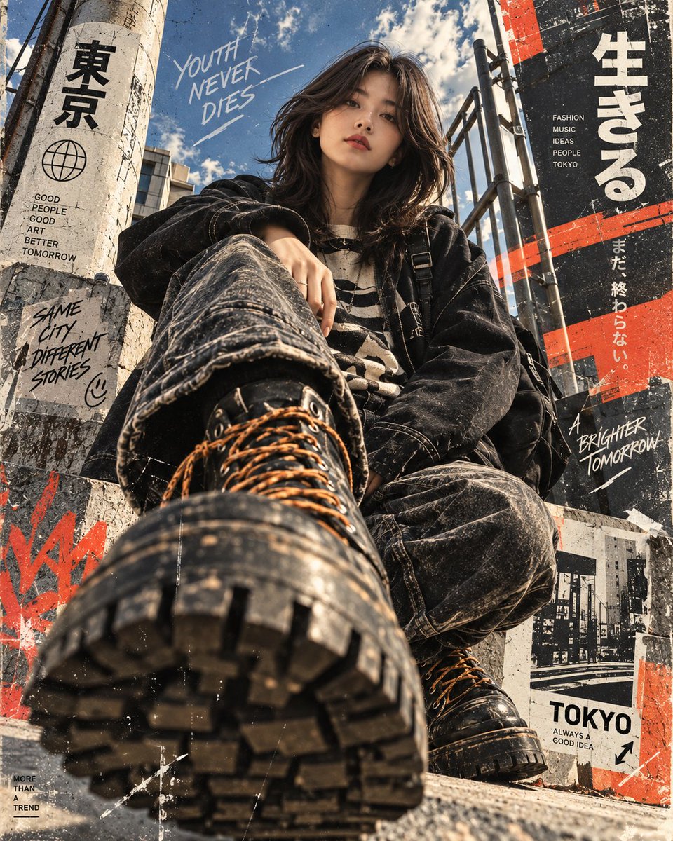 创作一张超写实电影感街头时尚编辑海报，带有强烈的复古日本朋克 / 地下杂志美学。, 图片 2