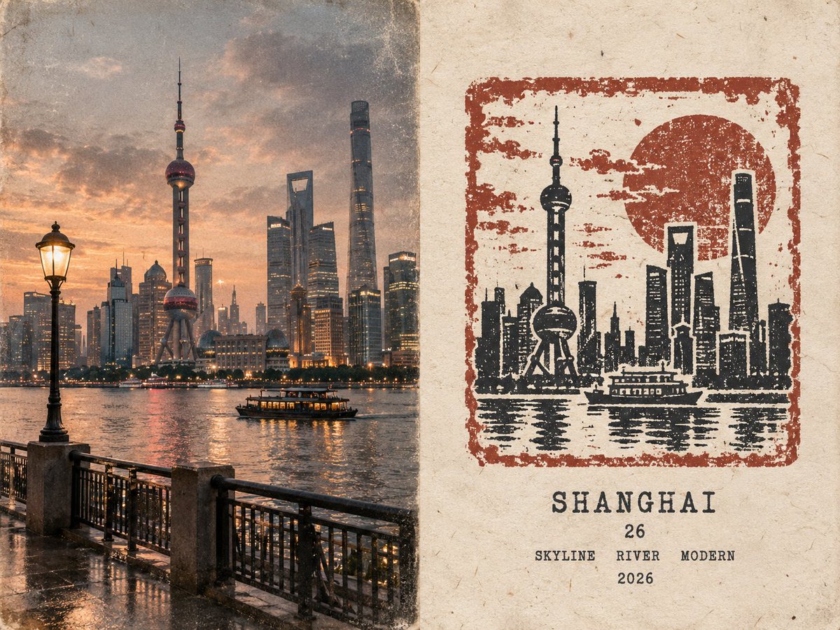 创建一张高级 4:3 横版橡皮印章旅行日记海报，主题为 [国家 / 地点 / 主题]。, 图片 1