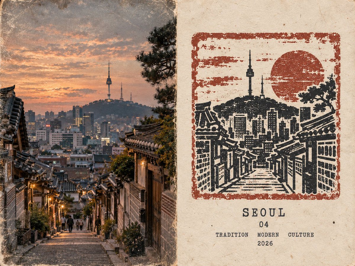 创建一张高级 4:3 横版橡皮印章旅行日记海报，主题为 [国家 / 地点 / 主题]。, 图片 2