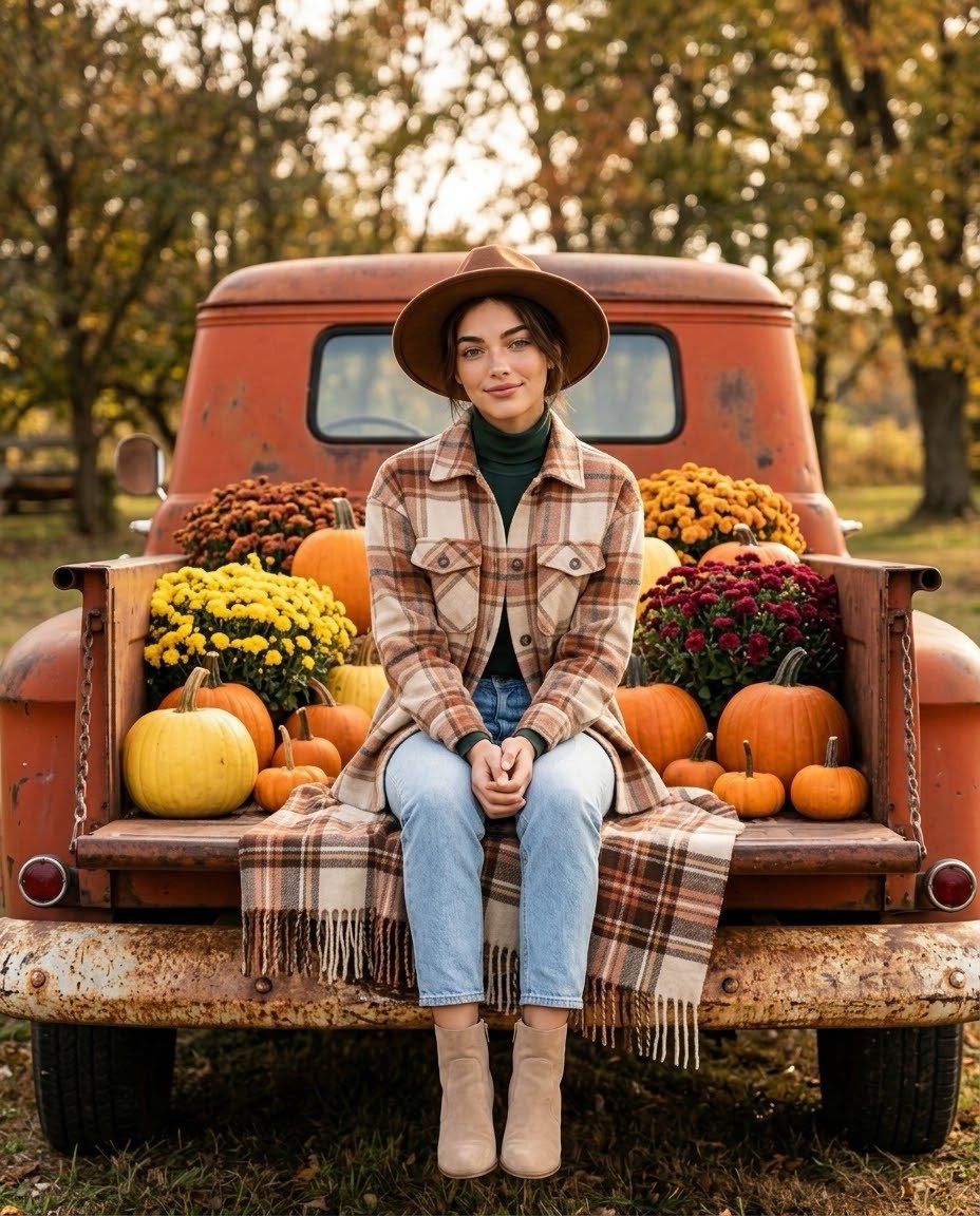 摄影级写实秋季人像写真：一位年轻女性坐在一辆复古红橙色皮卡的敞开式后车板上。她戴着一顶宽檐棕色毛毡帽，穿着一件暖米色、奶油色和陶土色调的格纹衬…, 图片 1