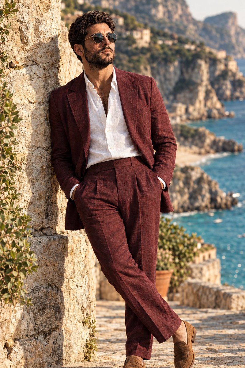 照片写实风格的奢华时尚大片:一位时髦的地中海男士,三十出头,深色波浪卷发,蓄着修剪整齐的浓密络腮胡,戴着一副复古圆形墨镜,身着一套精致的酒红/…, 图片 1