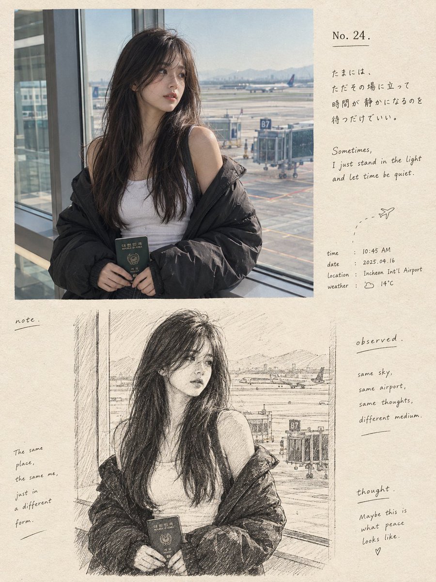 一本怀旧高端的编辑风格摄影与素描艺术书页,画面中有一位年轻的东亚女性置身于机场航站楼,采用干净的竖版 3:4 构图。上半部分是一张超写实的抓拍…, 图片 1