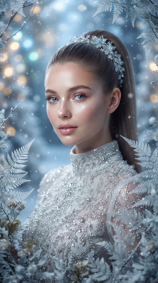 超现实的电影级特写肖像,一位美丽的年轻女子置身于优雅的冰雪奇幻场景中。她拥有精致的五官、瓷器般光泽透亮的肌肤、柔软水润的粉色双唇、富有表现力的…, 图片 2