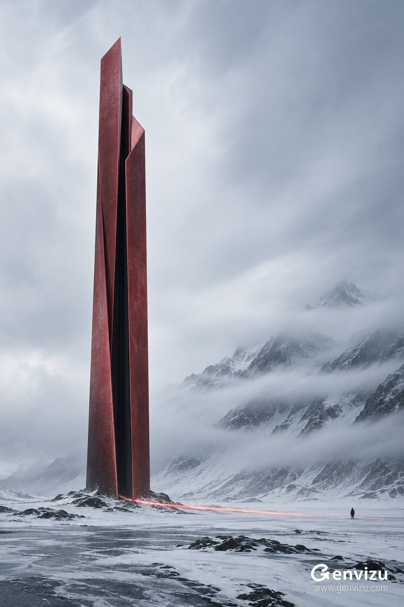 单一超高垂直体量对抗广阔雪原;建筑略偏左,天空和右侧山坡形成负空间;红色实体与黑色缝隙产生强烈图底关系;人物极小用于尺度参照;雾遮山脊;红光沿地面延展;长曝光…