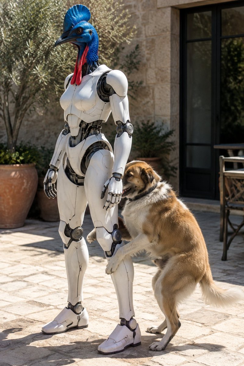 A photorealistic courtyard. A biped robot, white polymer, the head a cassowary …