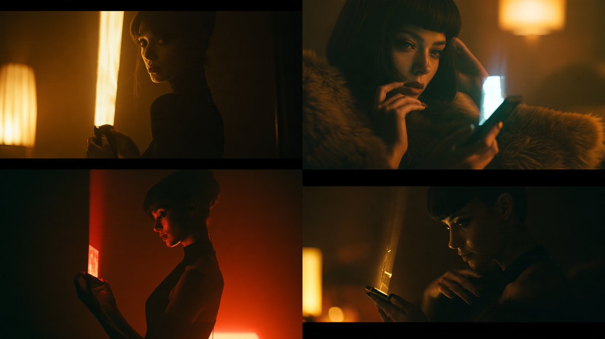在黑暗中看到一位性感女人手持设备，从设备中投射出全息图像，灯光只照亮部分场景，广角镜头，暖色调灯光，《银翼杀手2049》，电影感 --ar 1…, 图片 1