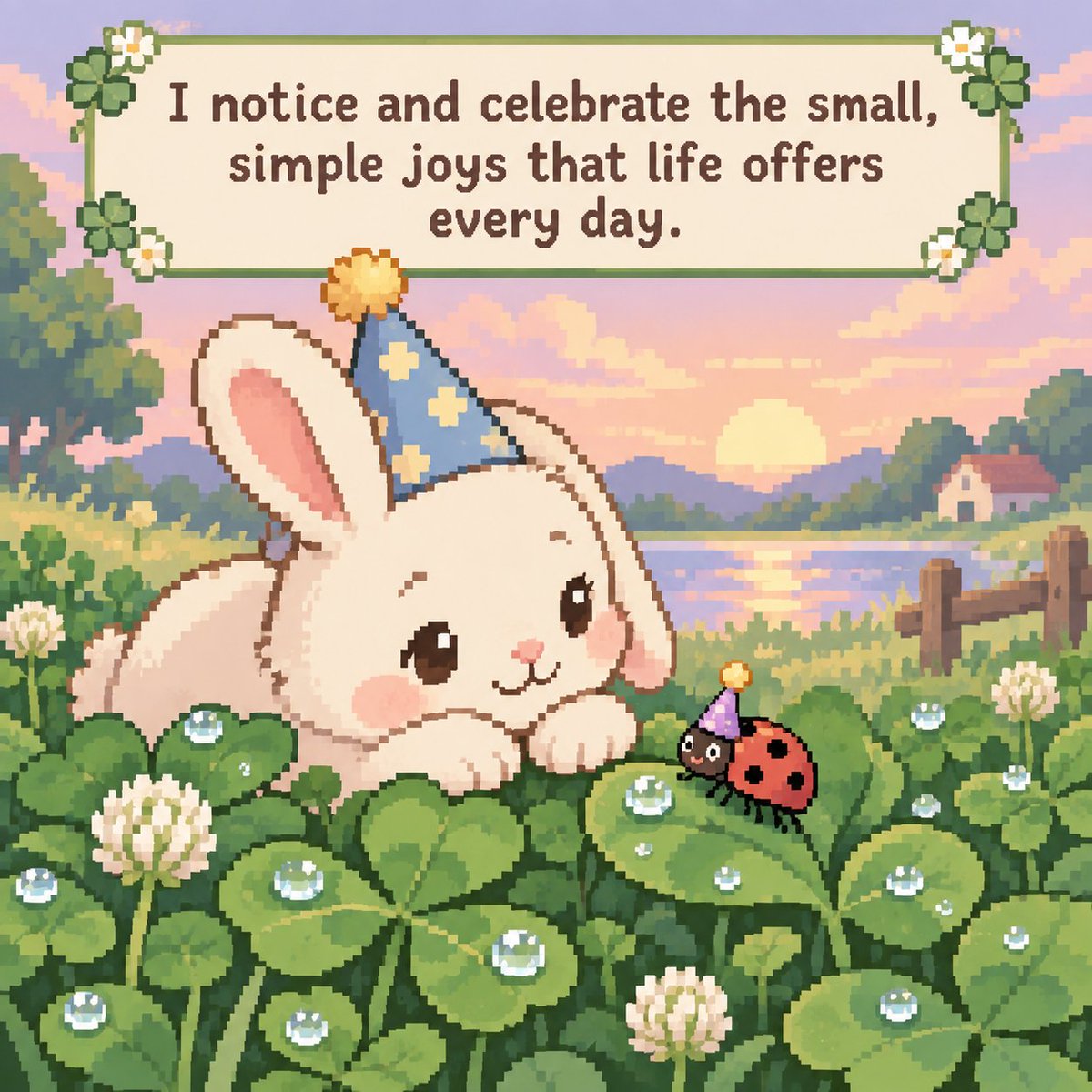 A cute, friendly bunny in a dew-covered clover patch gently observing a small l…