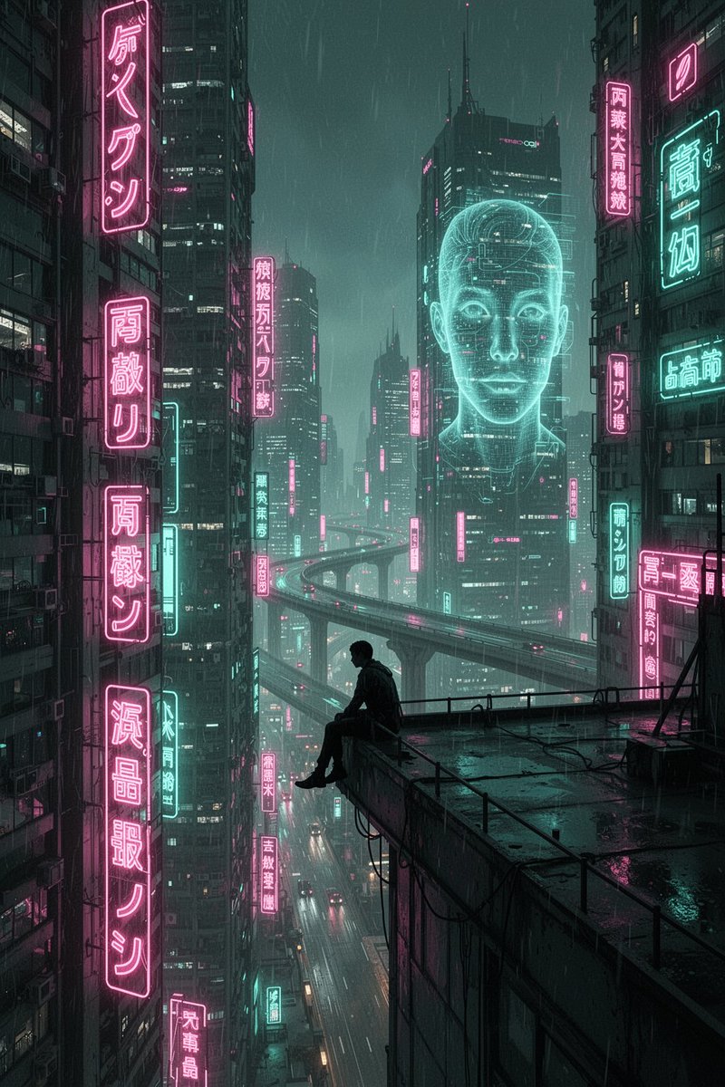 Silhouette of a lone figure sitting on the edge of a skyscraper rooftop, overlo…