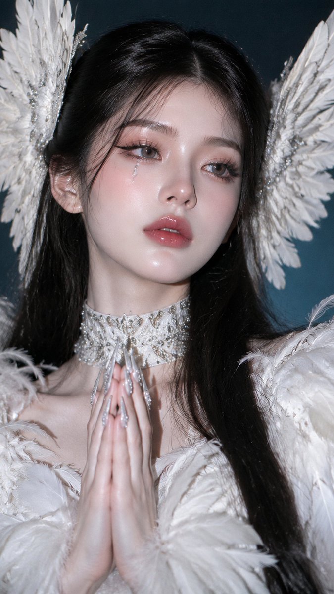 超现实主义高级时装天使肖像,一位年轻女性,构图与造型高度贴合参考。她身着一袭华丽夸张的白色羽毛高定礼服,肩部羽毛蓬松丰盈,胸前与领口层层叠覆柔…, 图片 1