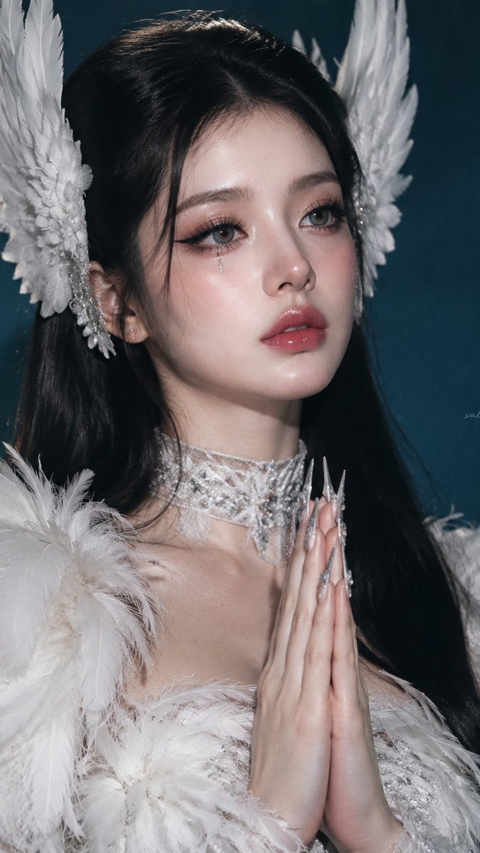 超现实主义高级时装天使肖像,一位年轻女性,构图与造型高度贴合参考。她身着一袭华丽夸张的白色羽毛高定礼服,肩部羽毛蓬松丰盈,胸前与领口层层叠覆柔…, 图片 2