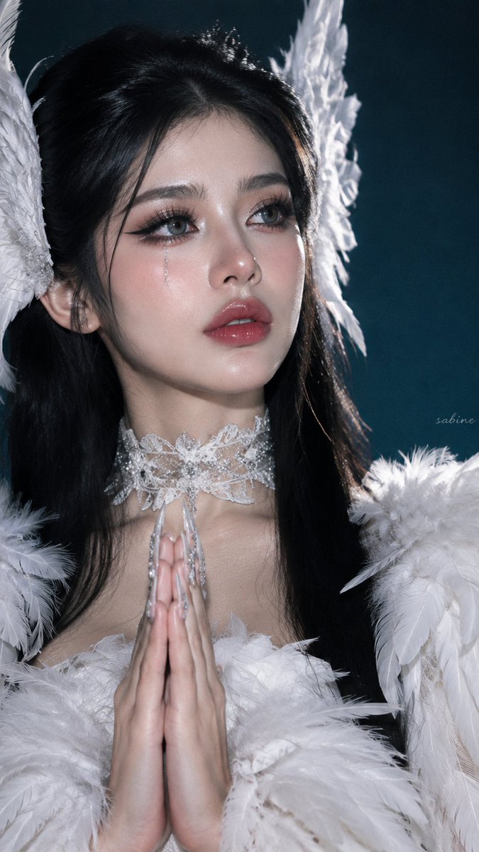 超现实主义高级时装天使肖像,一位年轻女性,构图与造型高度贴合参考。她身着一袭华丽夸张的白色羽毛高定礼服,肩部羽毛蓬松丰盈,胸前与领口层层叠覆柔…, 图片 3