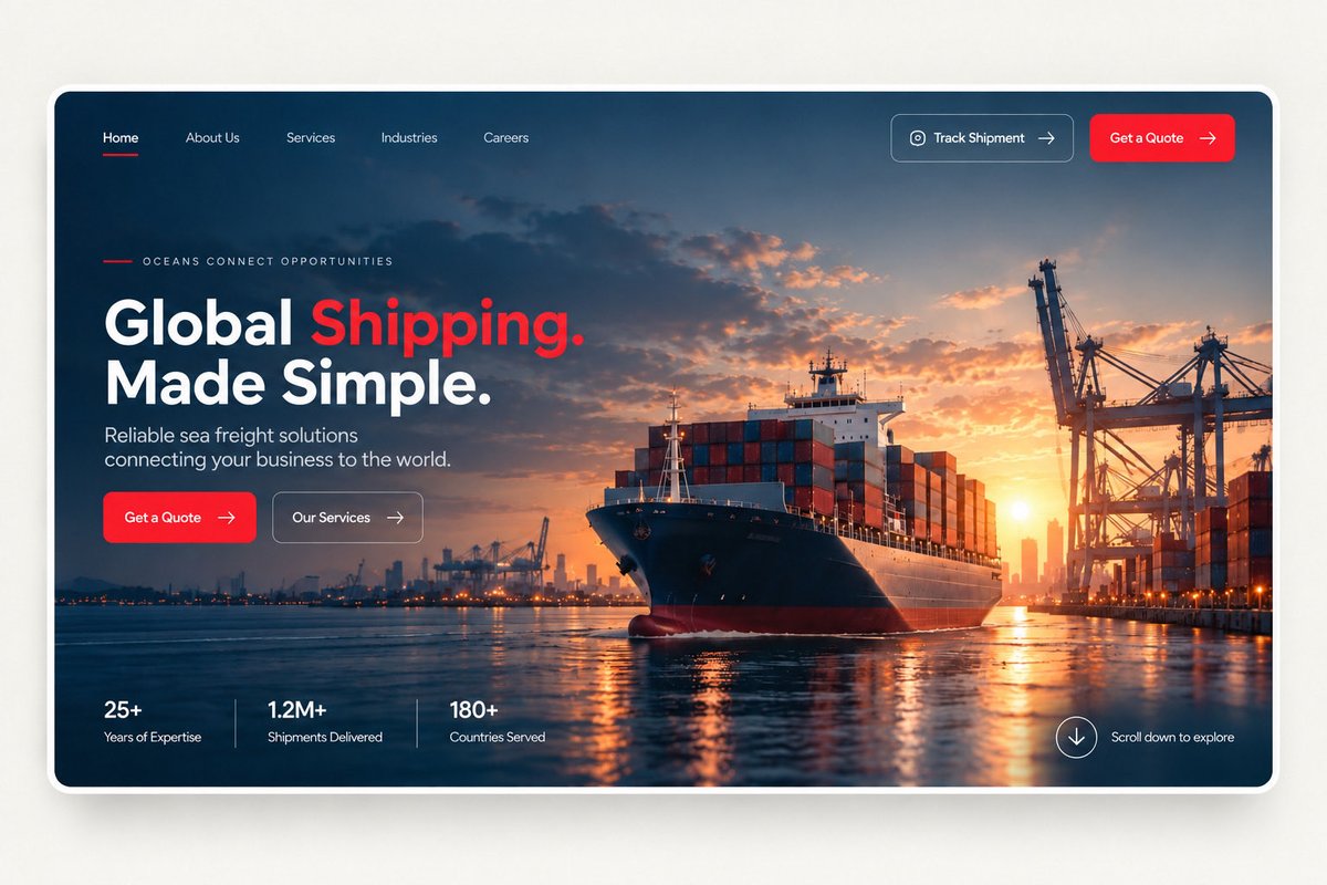 👇 { "task": "Design a premium left-aligned sea-freight and logistics website h…