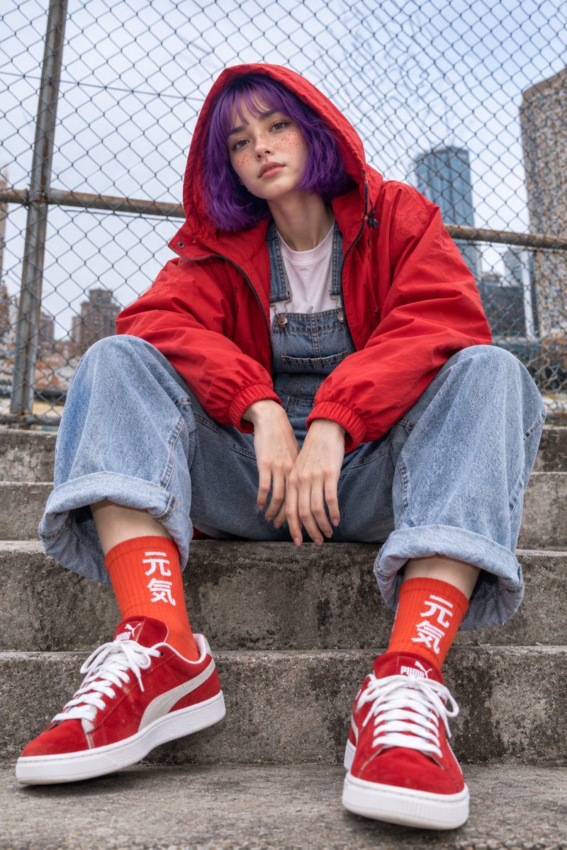 创作一张超写实的低角度特写时尚人像,主体为参考图中同一位年轻成年女性角色,需保留其鲜明紫罗兰色齐下巴波波头与齐刘海、瓷白肤色、鼻梁与脸颊上的自…, 图片 1