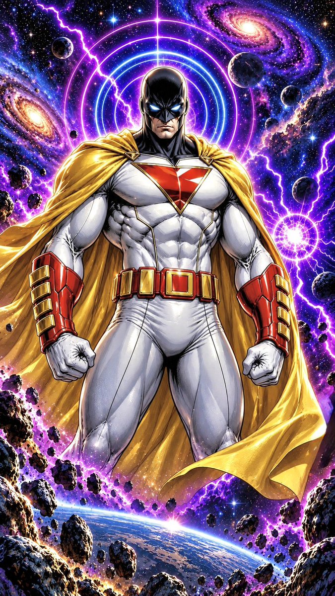 A towering cosmic superhero stands in a dramatic low-angle pose, arms spread wi…