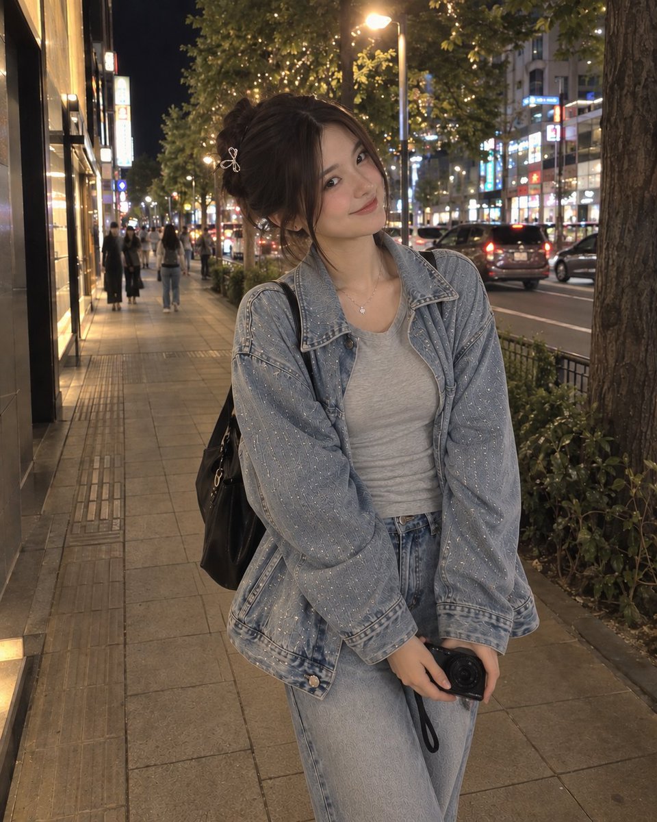 一张照片般逼真的夜景街头时尚人像照片,一位年轻女子站在城市人行道上,双手握着一台小型数码相机,仿佛正在拍照。她有着深黑棕色的长发,整齐地盘成一…, 图片 1