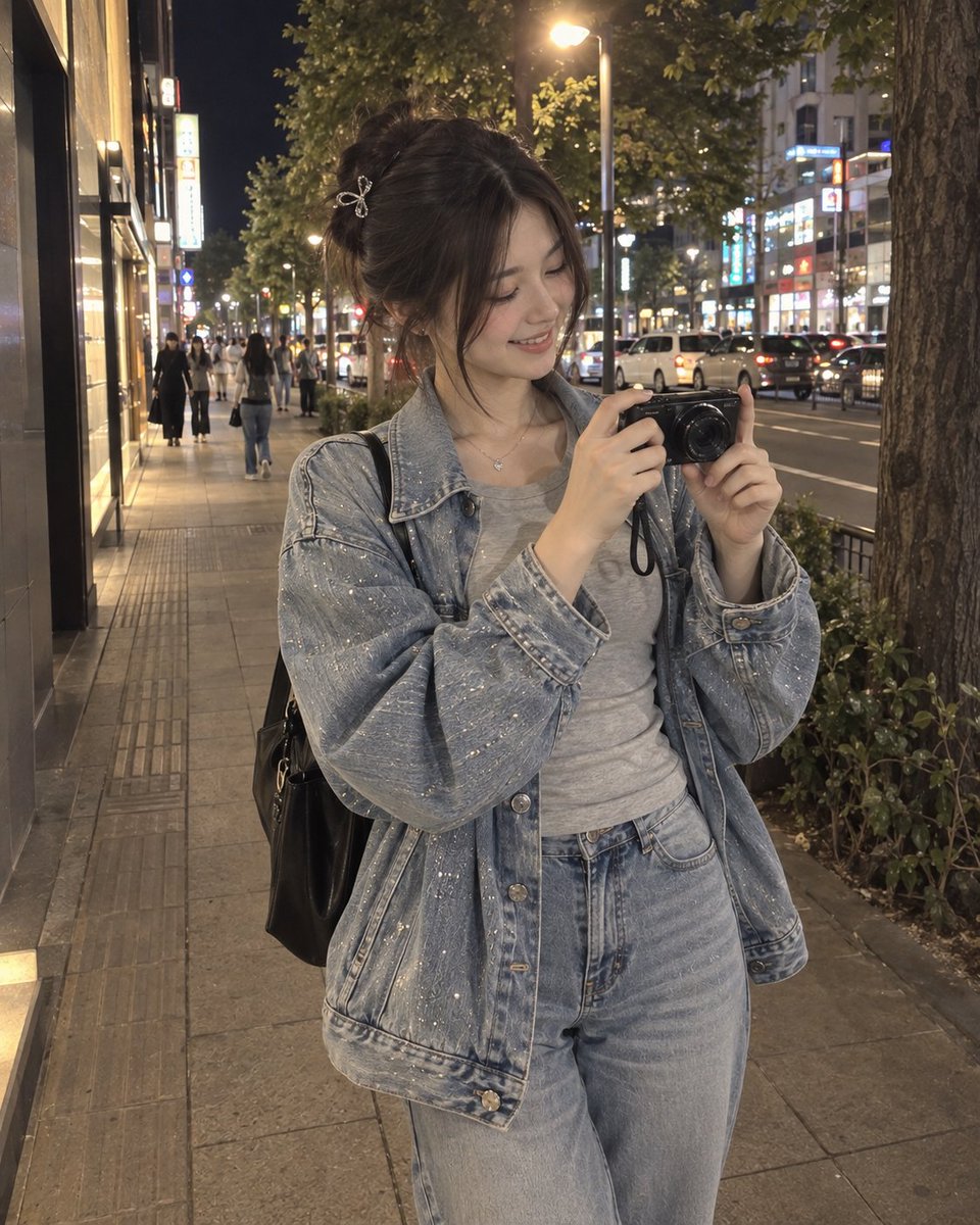 一张照片般逼真的夜景街头时尚人像照片,一位年轻女子站在城市人行道上,双手握着一台小型数码相机,仿佛正在拍照。她有着深黑棕色的长发,整齐地盘成一…, 图片 2