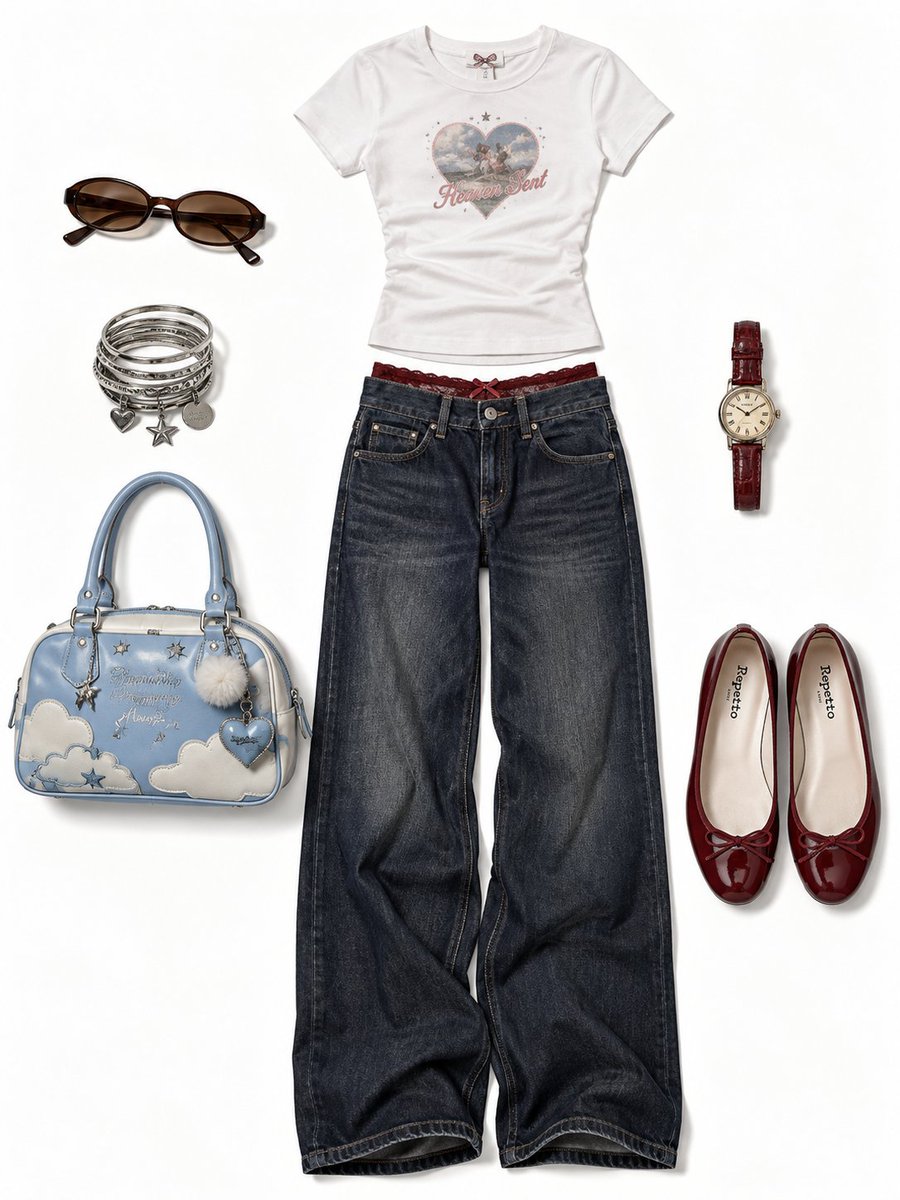 Create a realistic Y2K fashion flat-lay outfit collage on a clean pure white ba…