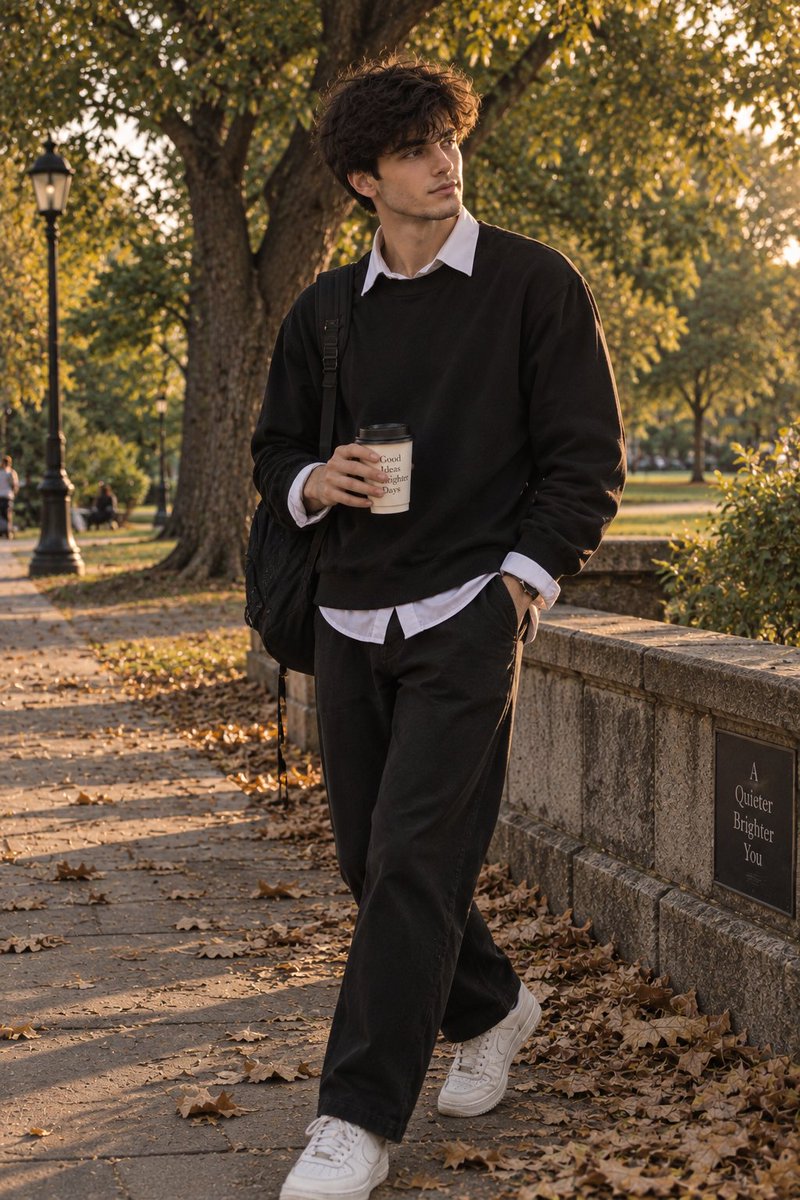 超写实智能手机生活方式人像:一位年轻男子在傍晚黄金时段的一个宁静公园里,背靠一棵大树坐在地面上。他有着浓密蓬松的自然波浪黑色头发、柔和的面部轮…, 图片 3