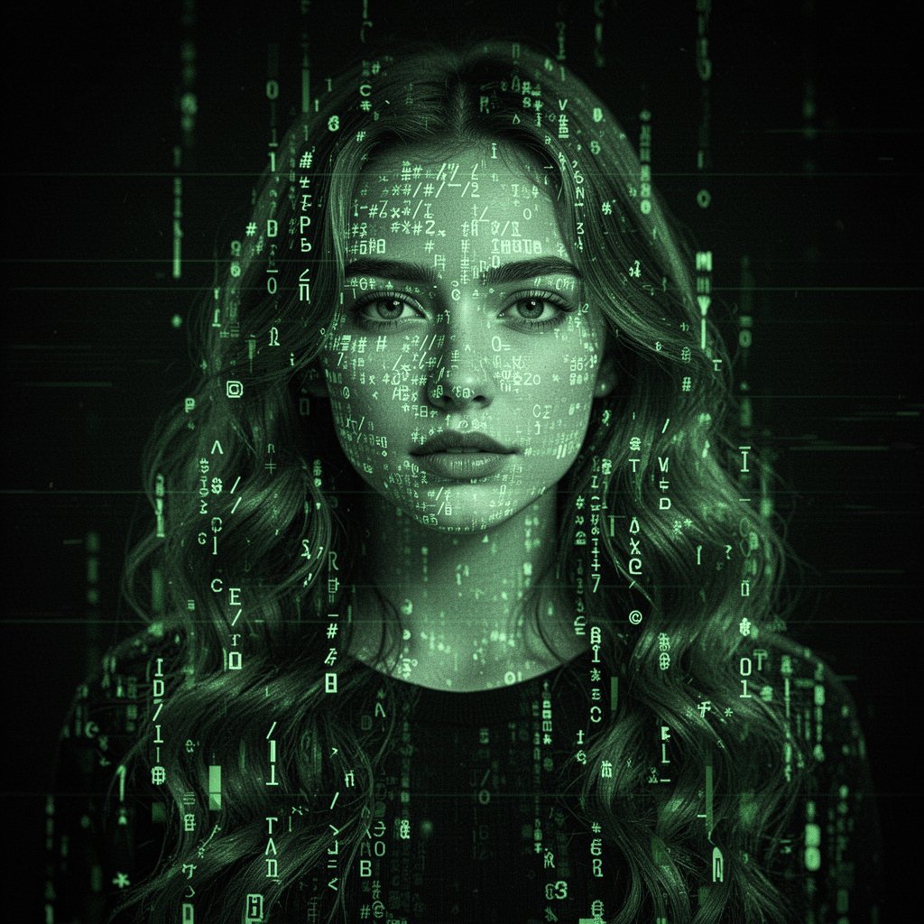Portrait of a young woman with long wavy hair, entirely composed of glowing gre…