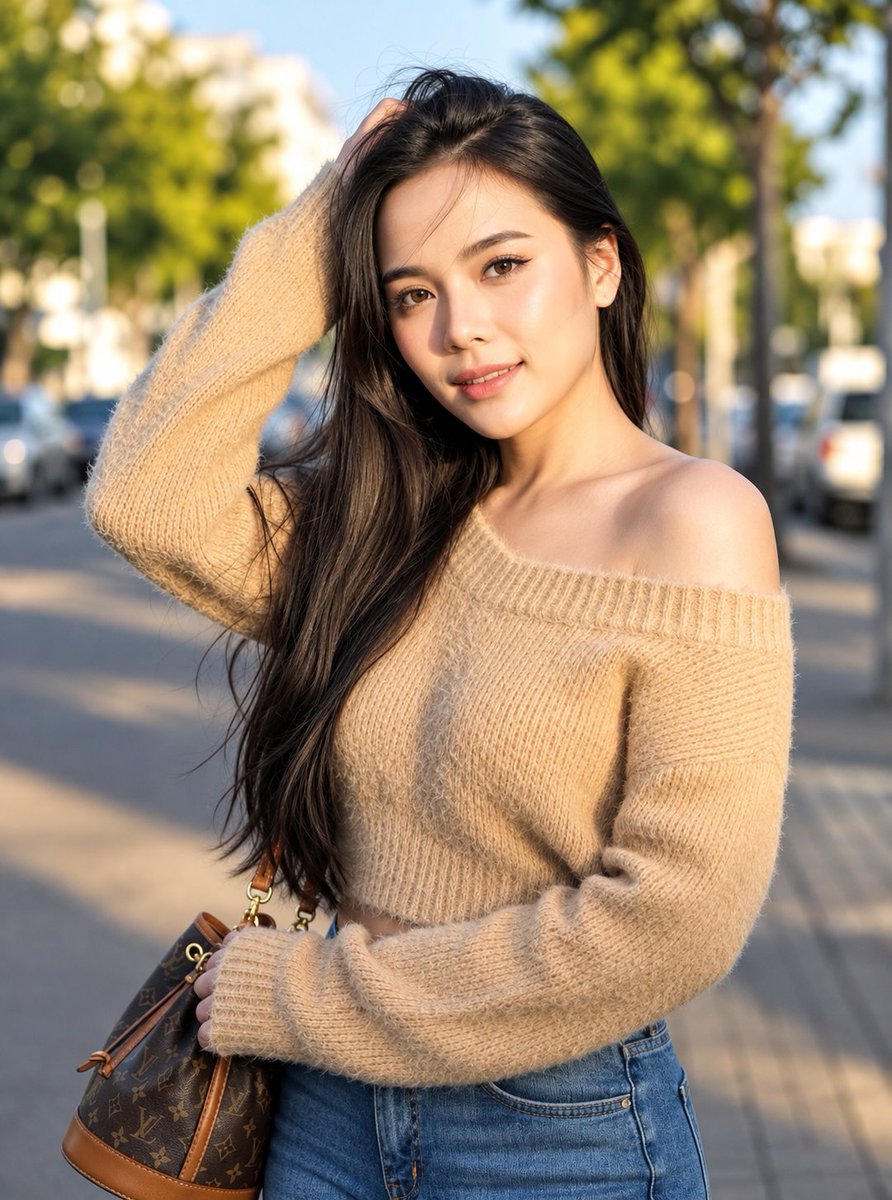 一张照片级真实感的人像肖像:一位美丽的年轻亚洲女性,20岁出头,站在城市街道户外,温暖的黄金时刻。她有着长而直、深棕色至黑色的头发,自然地垂落…, 图片 1