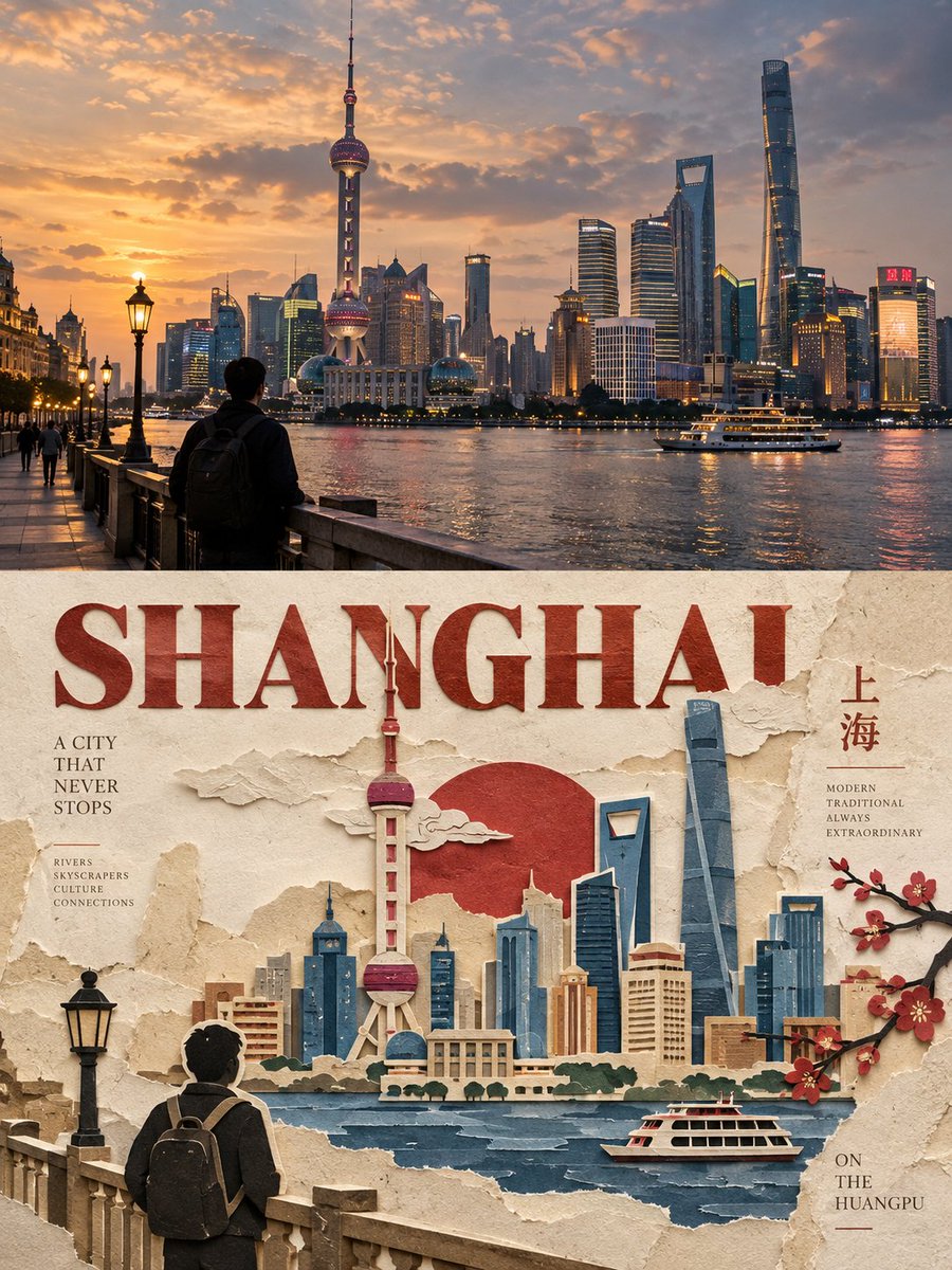 为 [COUNTRY / LOCATION / SUBJECT] 创作一张高端的 3:4 竖版编辑海报，分为完全相等的两部分，各占 50%。, 图片 1