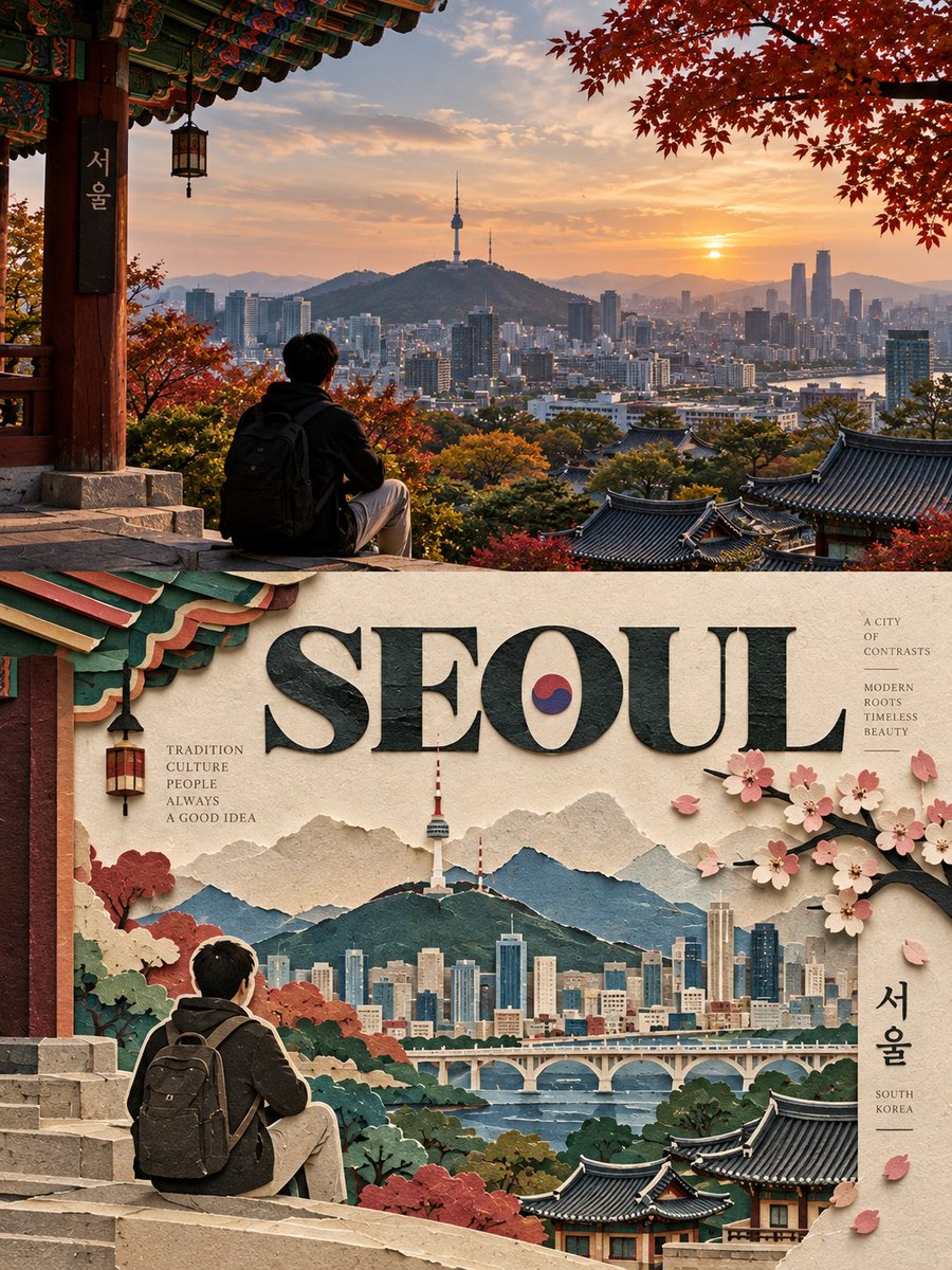 为 [COUNTRY / LOCATION / SUBJECT] 创作一张高端的 3:4 竖版编辑海报，分为完全相等的两部分，各占 50%。, 图片 2