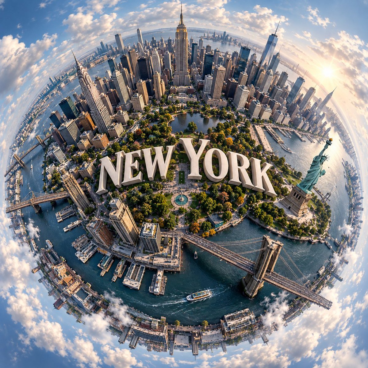 创建一个超现实主义的球形全景图，展现一座迷人的 [CITY NAME]，其最具标志性的地标建筑自然地环绕在一个微型行星般的表面上。整个城市应自…, 图片 2