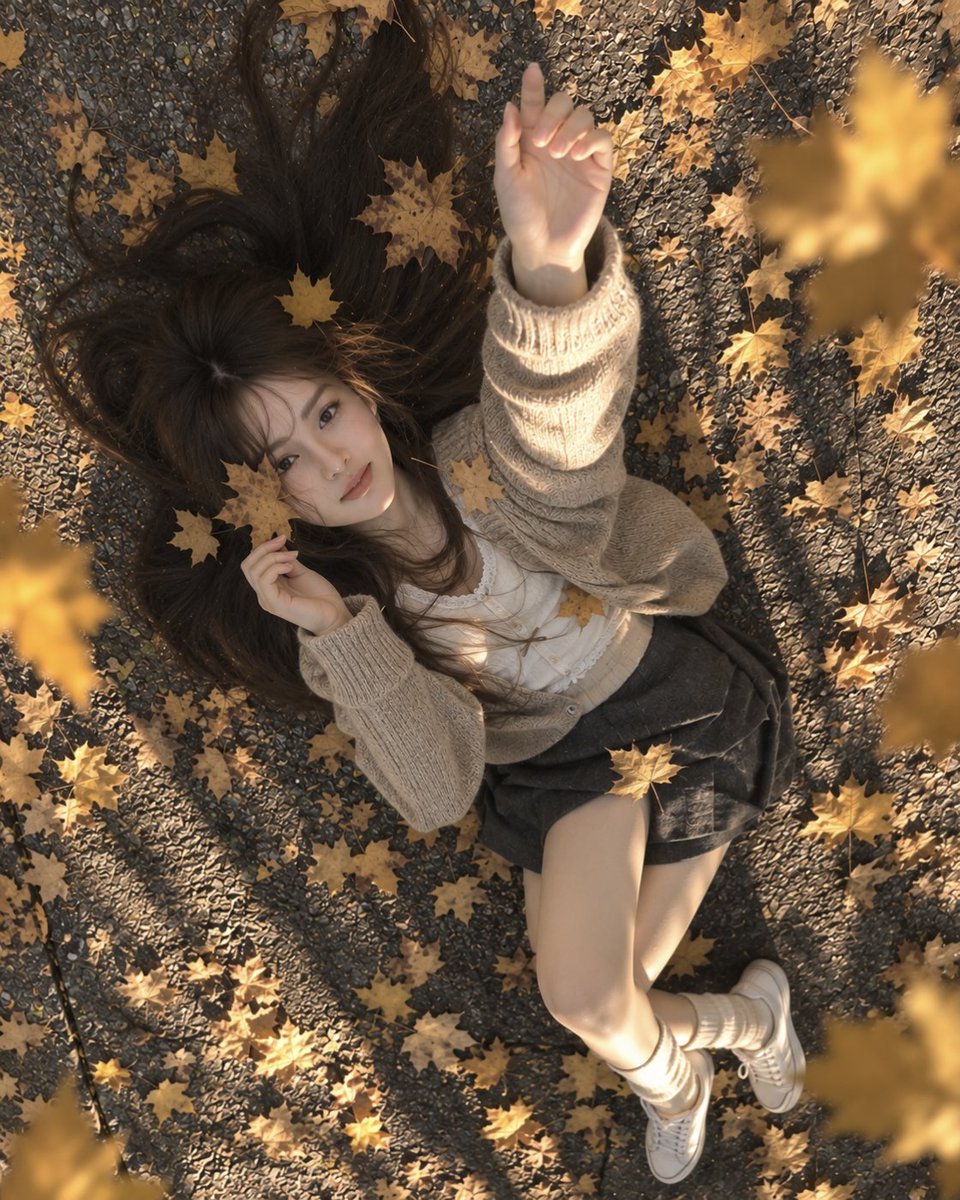 一张超写实艺术风格的俯视人像照片,画面中一位年轻女子躺在一片质感粗糙的灰色沥青路面上,路面散落着金黄色的秋日枫叶。相机正对她的正上方,形成极具…, 图片 2