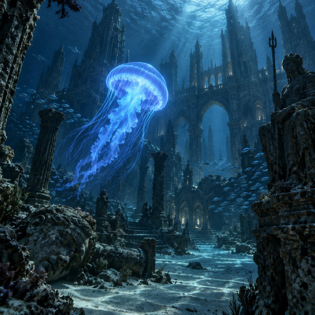 "A lone, bioluminescent jellyfish, its bell pulsing with an ethereal blue light…