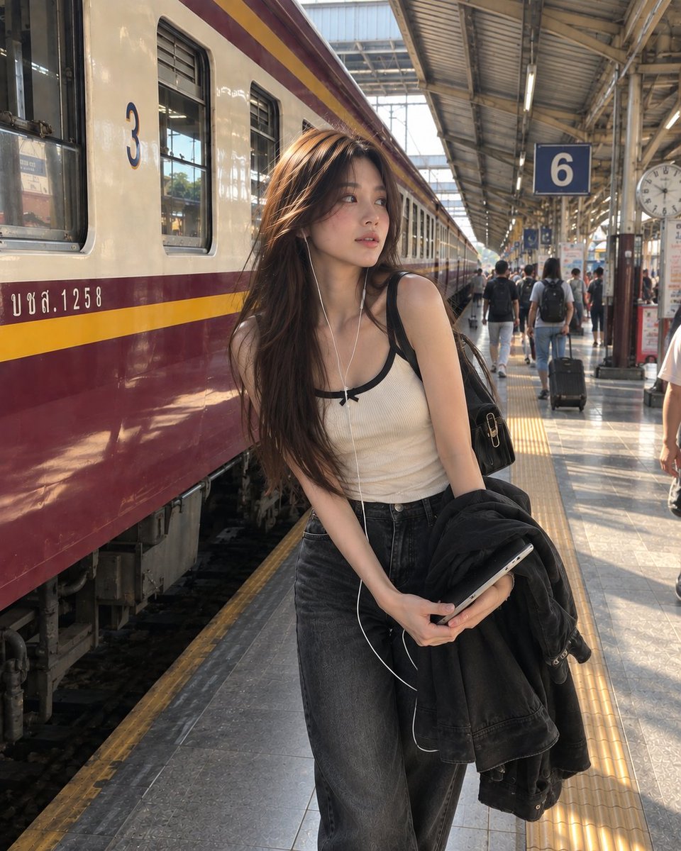 一张具有照片般真实感的随性旅行人像照:一位年轻女子站在繁忙的火车站台上,旁边是一列长长的客运列车。她留着长而笔直、丰盈的深棕色头发,自然地披散…, 图片 1
