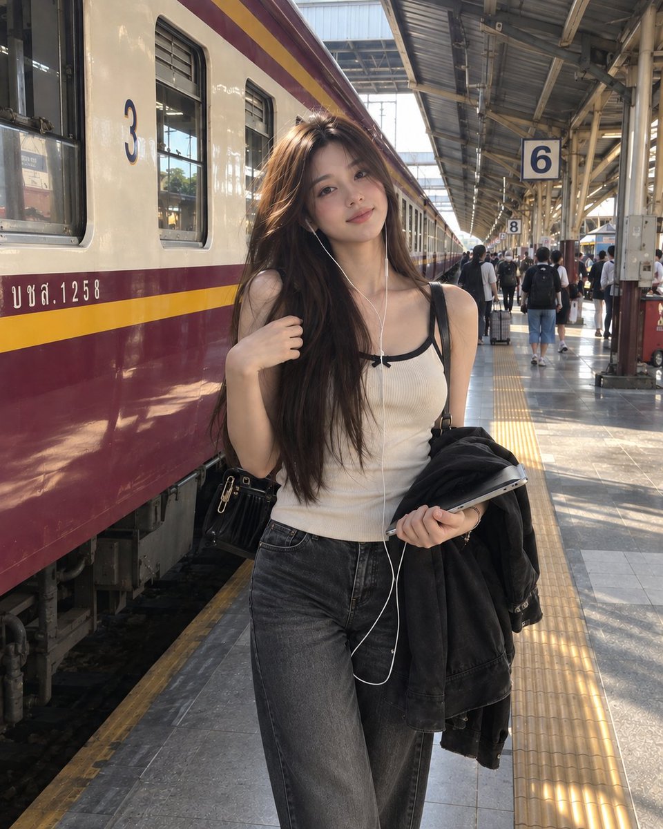 一张具有照片般真实感的随性旅行人像照:一位年轻女子站在繁忙的火车站台上,旁边是一列长长的客运列车。她留着长而笔直、丰盈的深棕色头发,自然地披散…, 图片 2