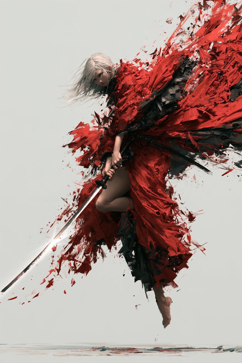 Young woman with a katana, long pale silver white hair, fierce concentrated gaz…