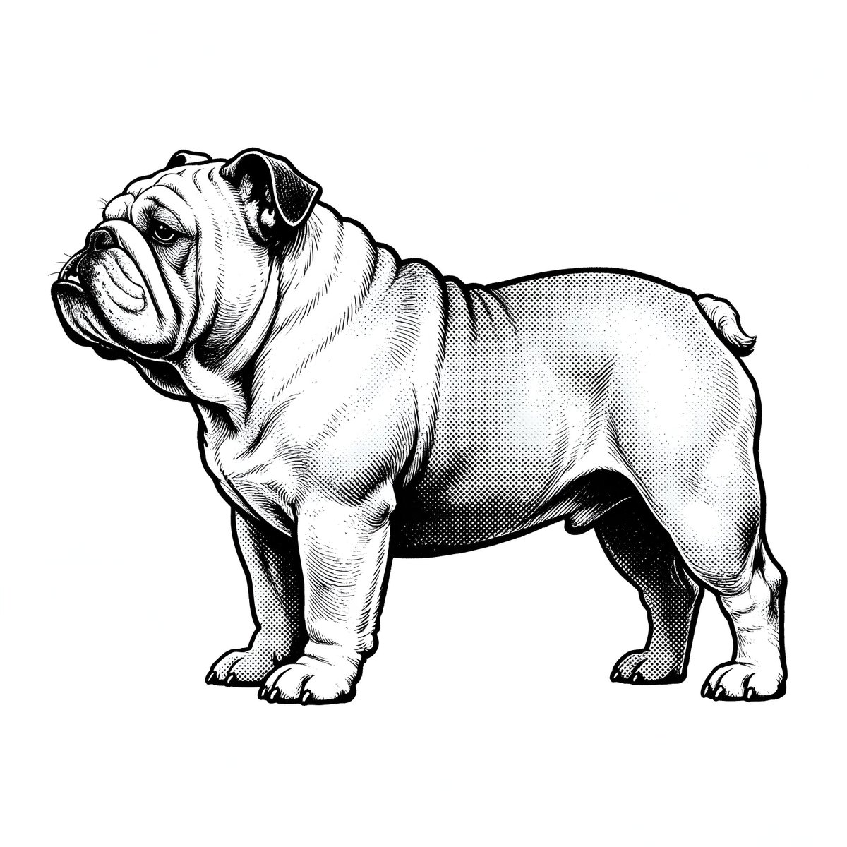 A black and white illustration of a bulldog stands centered against a white bac…